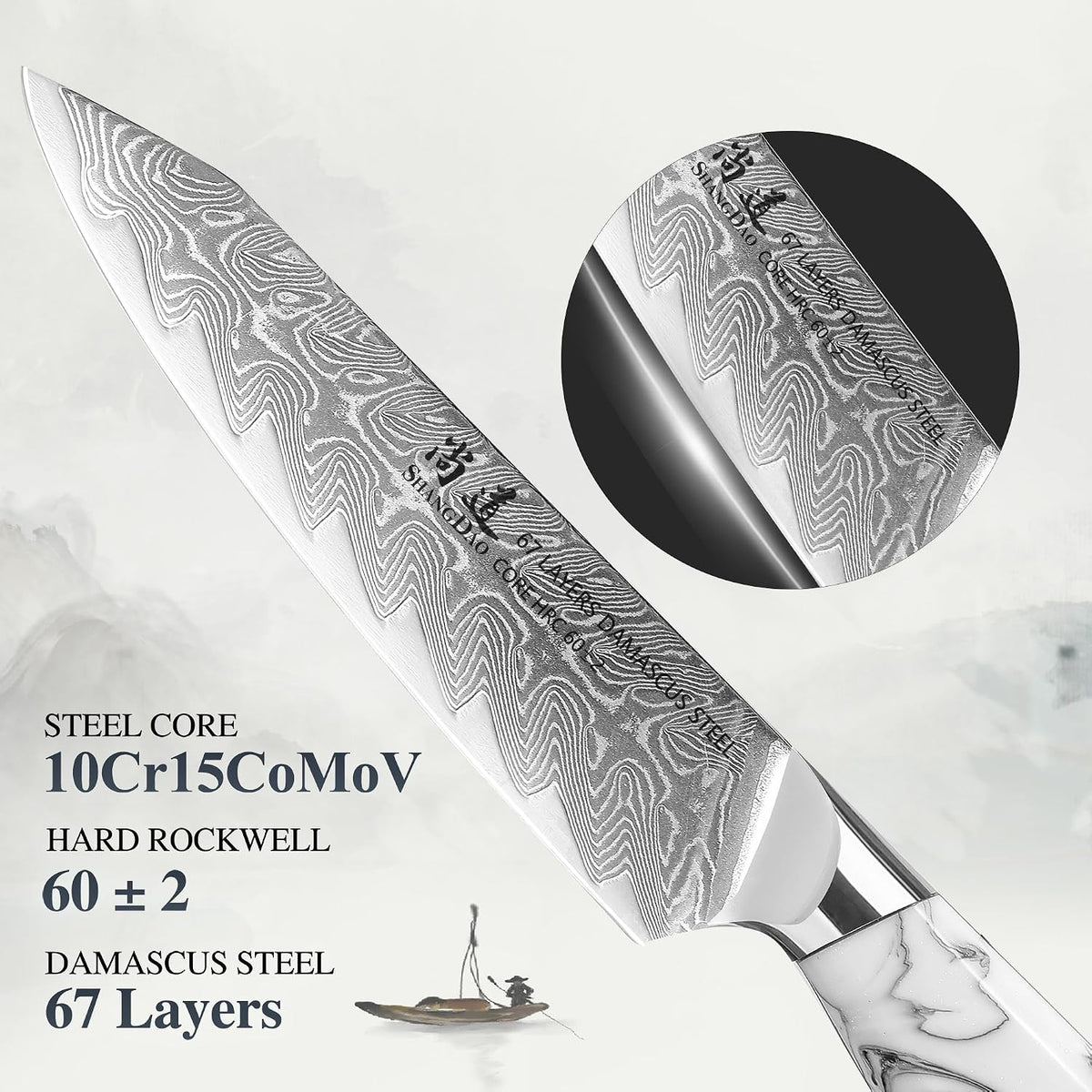 5 Inch Kitchen Utility Knife Razor Sharp Fruit and Vegetable Peeling Knives, Forged Damascus Steel with Blue and White Resin Handle - Full Tang - HUA Series