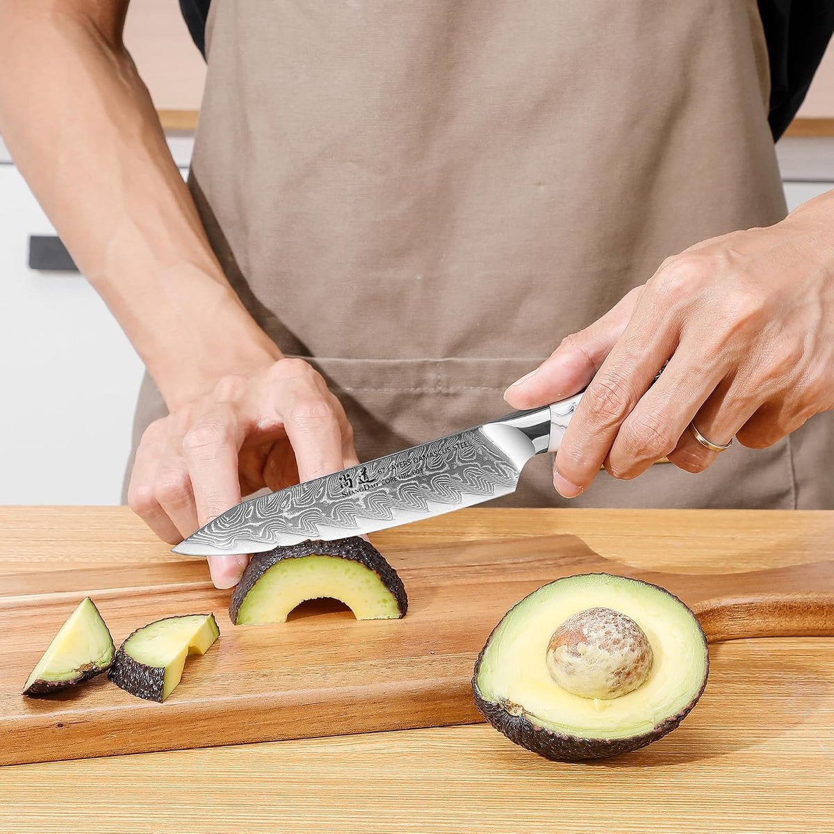 5 Inch Kitchen Utility Knife Razor Sharp Fruit and Vegetable Peeling Knives, Forged Damascus Steel with Blue and White Resin Handle - Full Tang - HUA Series