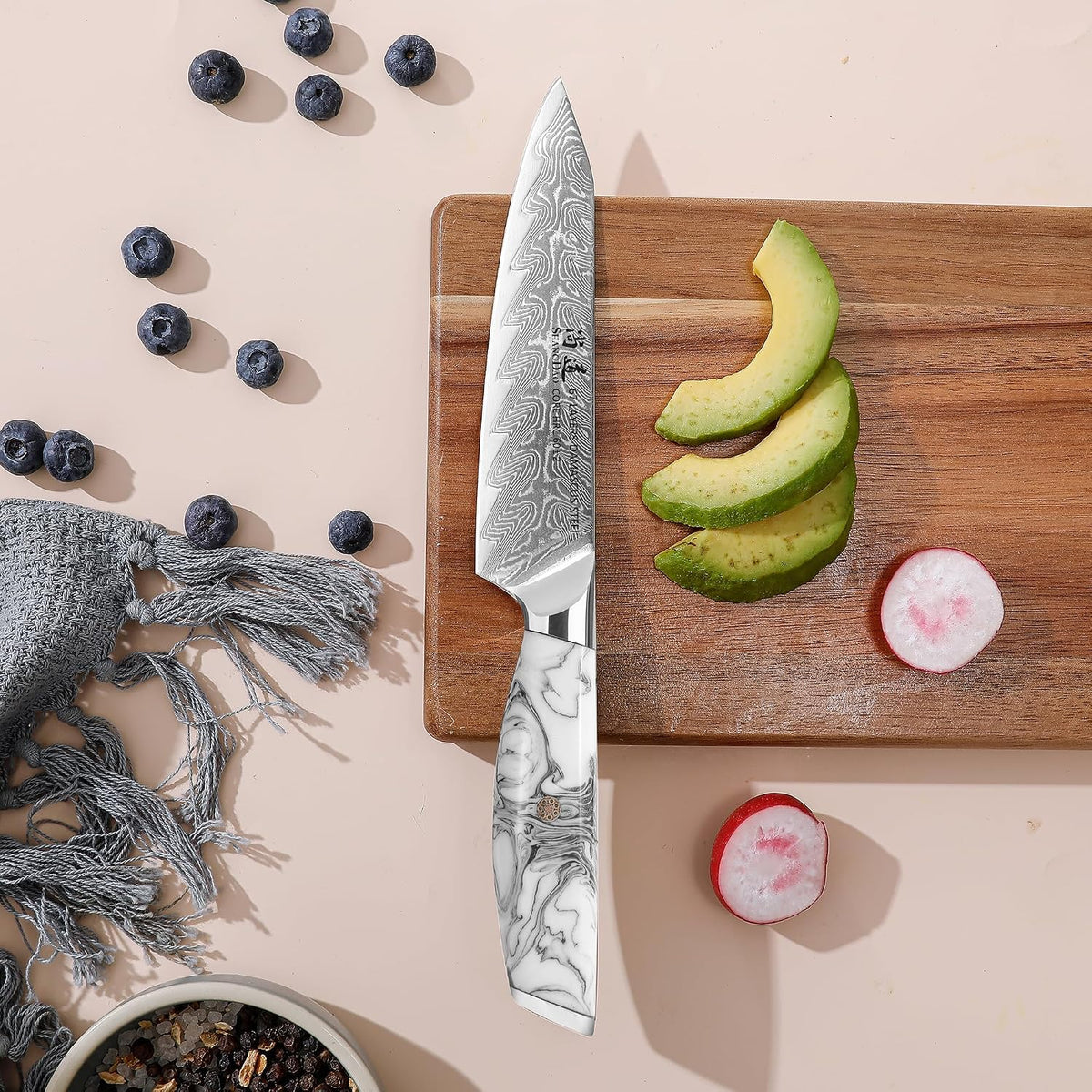 5 Inch Kitchen Utility Knife Razor Sharp Fruit and Vegetable Peeling Knives, Forged Damascus Steel with Blue and White Resin Handle - Full Tang - HUA Series