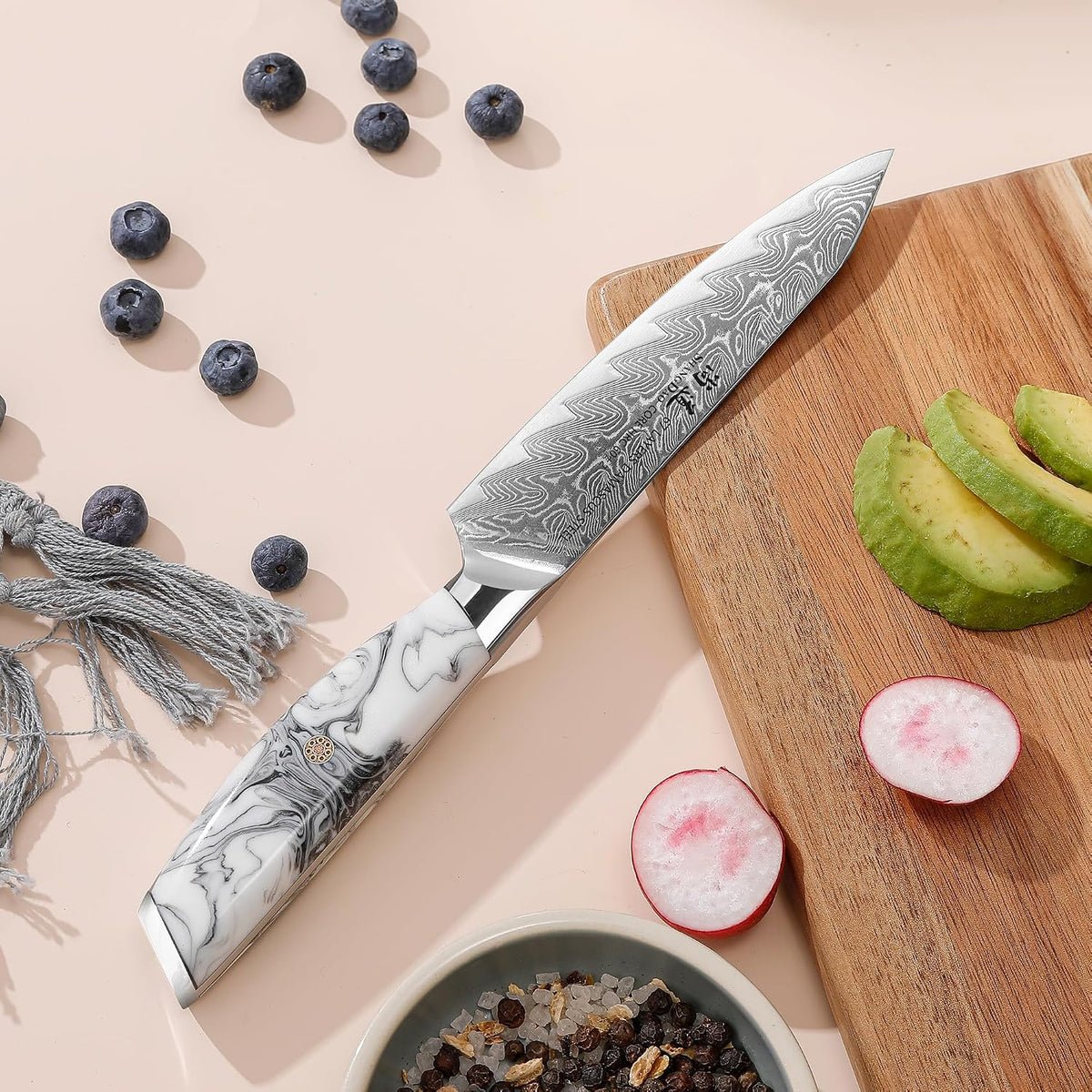 5 Inch Kitchen Utility Knife Razor Sharp Fruit and Vegetable Peeling Knives, Forged Damascus Steel with Blue and White Resin Handle - Full Tang - HUA Series