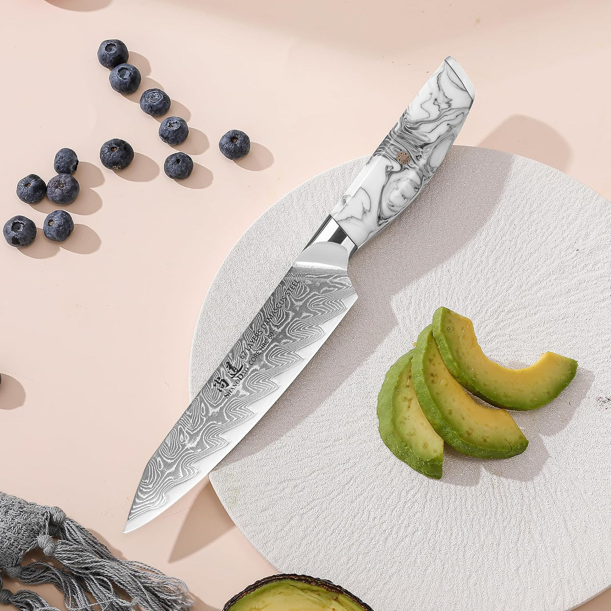 5 Inch Kitchen Utility Knife Razor Sharp Fruit and Vegetable Peeling Knives, Forged Damascus Steel with Blue and White Resin Handle - Full Tang - HUA Series
