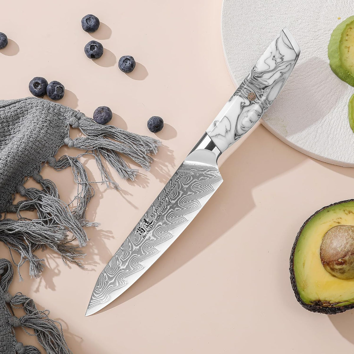 5 Inch Kitchen Utility Knife Razor Sharp Fruit and Vegetable Peeling Knives, Forged Damascus Steel with Blue and White Resin Handle - Full Tang - HUA Series