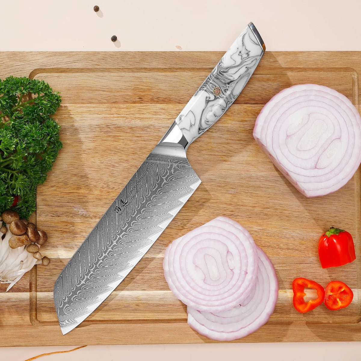 5 Inch Kitchen Utility Knife Razor Sharp Fruit and Vegetable Peeling Knives, Forged Damascus Steel with Blue and White Resin Handle - Full Tang - HUA Series