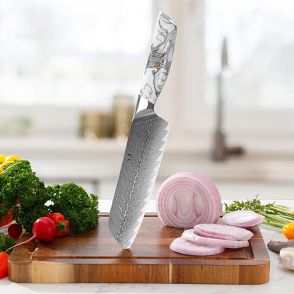 5 Inch Kitchen Utility Knife Razor Sharp Fruit and Vegetable Peeling Knives, Forged Damascus Steel with Blue and White Resin Handle - Full Tang - HUA Series