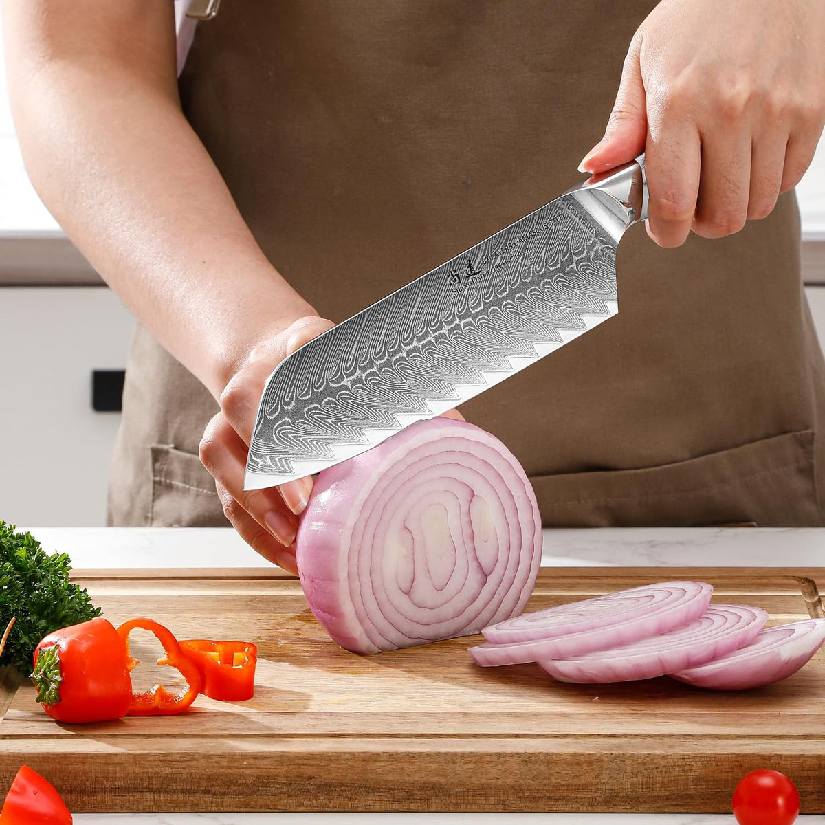 5 Inch Kitchen Utility Knife Razor Sharp Fruit and Vegetable Peeling Knives, Forged Damascus Steel with Blue and White Resin Handle - Full Tang - HUA Series