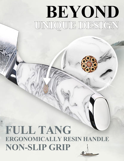 5 Inch Kitchen Utility Knife Razor Sharp Fruit and Vegetable Peeling Knives, Forged Damascus Steel with Blue and White Resin Handle - Full Tang - HUA Series
