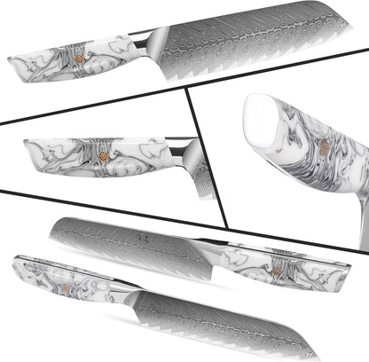 5 Inch Kitchen Utility Knife Razor Sharp Fruit and Vegetable Peeling Knives, Forged Damascus Steel with Blue and White Resin Handle - Full Tang - HUA Series