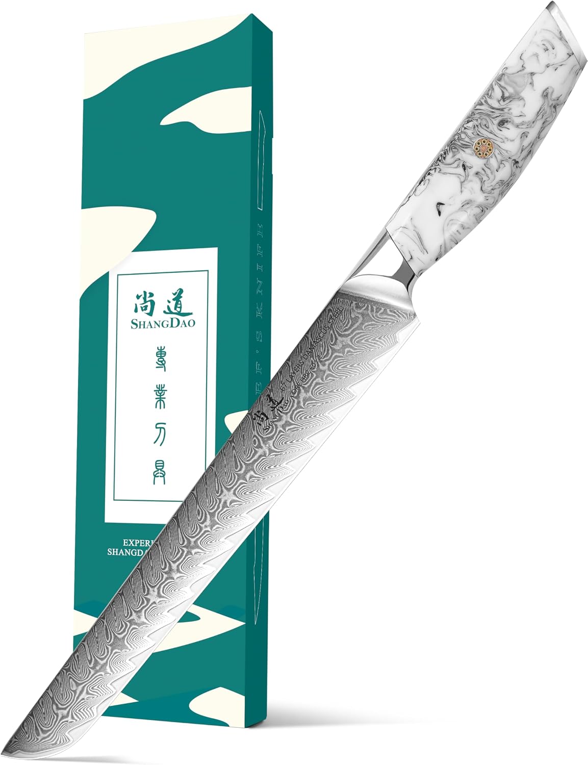 5 Inch Kitchen Utility Knife Razor Sharp Fruit and Vegetable Peeling Knives, Forged Damascus Steel with Blue and White Resin Handle - Full Tang - HUA Series