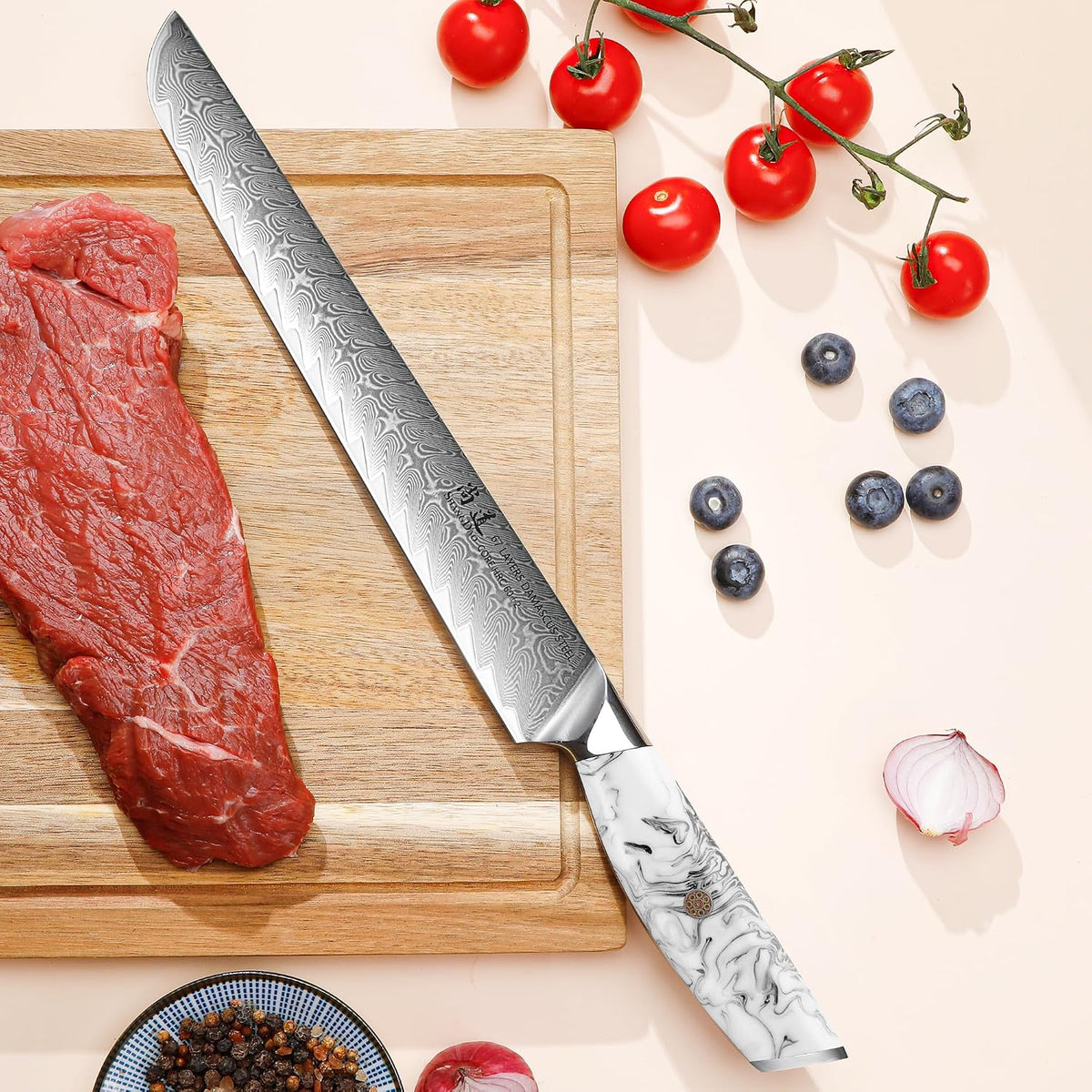 5 Inch Kitchen Utility Knife Razor Sharp Fruit and Vegetable Peeling Knives, Forged Damascus Steel with Blue and White Resin Handle - Full Tang - HUA Series