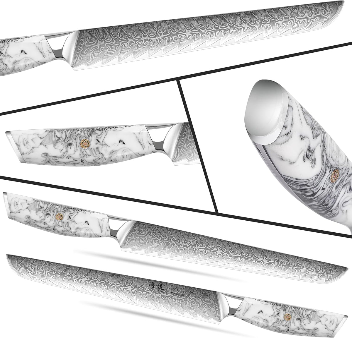 5 Inch Kitchen Utility Knife Razor Sharp Fruit and Vegetable Peeling Knives, Forged Damascus Steel with Blue and White Resin Handle - Full Tang - HUA Series