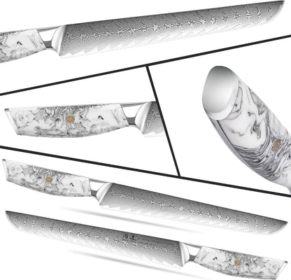 5 Inch Kitchen Utility Knife Razor Sharp Fruit and Vegetable Peeling Knives, Forged Damascus Steel with Blue and White Resin Handle - Full Tang - HUA Series