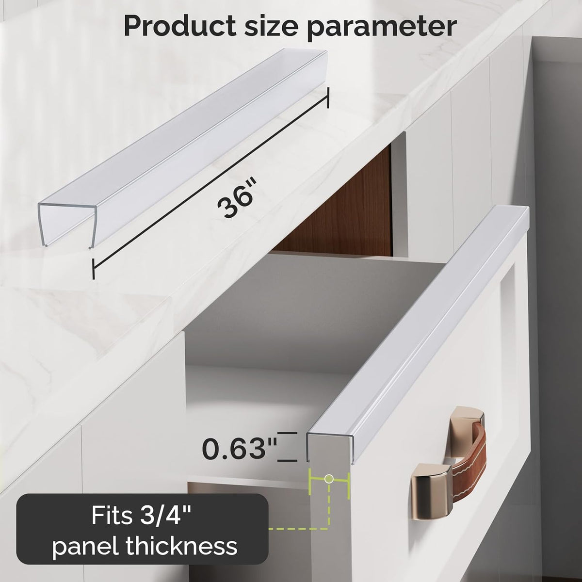 18" Length Cabinet Door Protector, 3/4" Thick, Transparent, 2 PCS | Snugly Fit, Flexible Slip-On, Plastic Cabinet Edge Guard Bumpers, Edge Protectors to Prevent Wear Chipping Discoloration