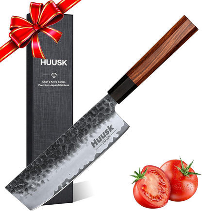 Huusk Japanese Nakiri Knife with Gift Box, Japanese Chopping Chef Knives | Hand Forged High Carbon Steel Vegetable Cleaver with Ergonomic Rosewood Handle, Ideal Gift for Men and Women