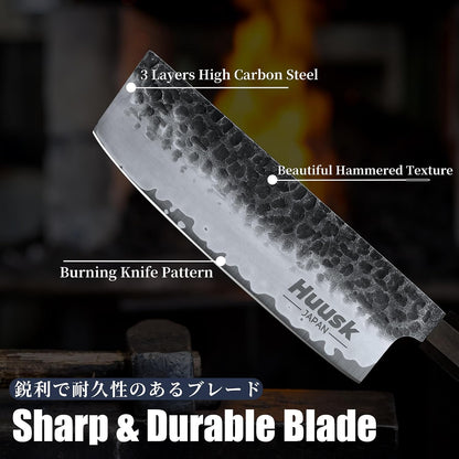 Huusk Japanese Nakiri Knife with Gift Box, Japanese Chopping Chef Knives | Hand Forged High Carbon Steel Vegetable Cleaver with Ergonomic Rosewood Handle, Ideal Gift for Men and Women
