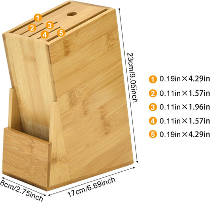 Wood Knife Block, Kitchen Knife Holder Countertop 6 Slots Knife Block with Scissors Slot Kitchen Knife Set for Knife, Scissor, Sharpenner Knife Organizer