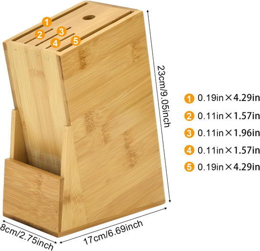 Wood Knife Block, Kitchen Knife Holder Countertop 6 Slots Knife Block with Scissors Slot Kitchen Knife Set for Knife, Scissor, Sharpenner Knife Organizer