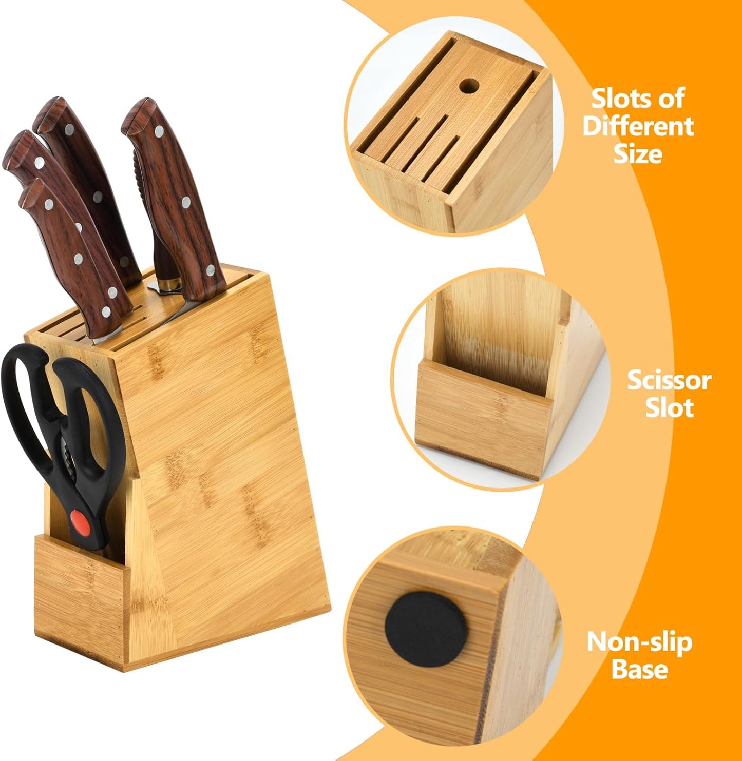 Wood Knife Block, Kitchen Knife Holder Countertop 6 Slots Knife Block with Scissors Slot Kitchen Knife Set for Knife, Scissor, Sharpenner Knife Organizer
