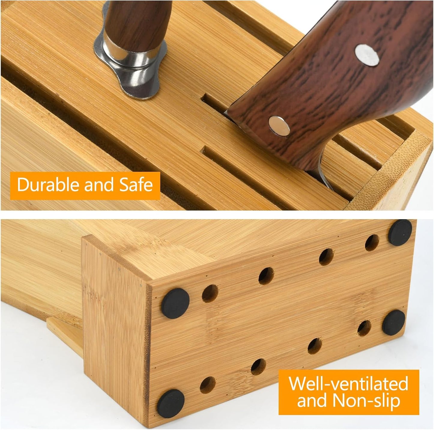 Wood Knife Block, Kitchen Knife Holder Countertop 6 Slots Knife Block with Scissors Slot Kitchen Knife Set for Knife, Scissor, Sharpenner Knife Organizer