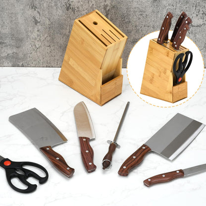 Wood Knife Block, Kitchen Knife Holder Countertop 6 Slots Knife Block with Scissors Slot Kitchen Knife Set for Knife, Scissor, Sharpenner Knife Organizer