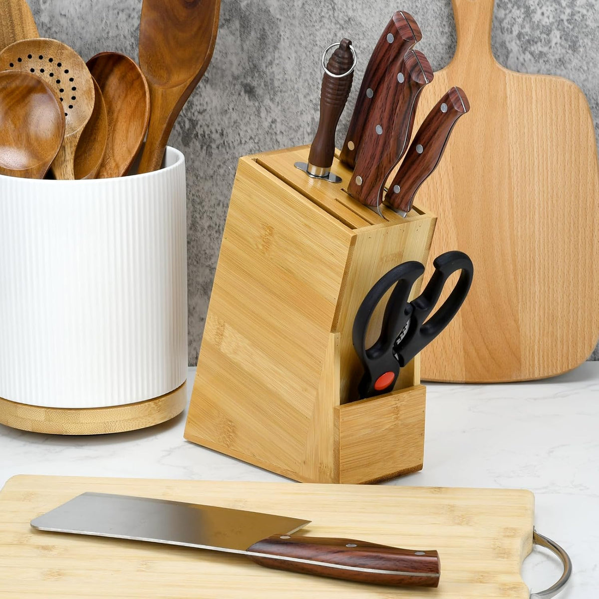 Wood Knife Block, Kitchen Knife Holder Countertop 6 Slots Knife Block with Scissors Slot Kitchen Knife Set for Knife, Scissor, Sharpenner Knife Organizer