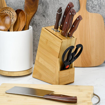Wood Knife Block, Kitchen Knife Holder Countertop 6 Slots Knife Block with Scissors Slot Kitchen Knife Set for Knife, Scissor, Sharpenner Knife Organizer