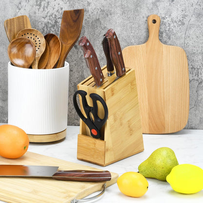 Wood Knife Block, Kitchen Knife Holder Countertop 6 Slots Knife Block with Scissors Slot Kitchen Knife Set for Knife, Scissor, Sharpenner Knife Organizer