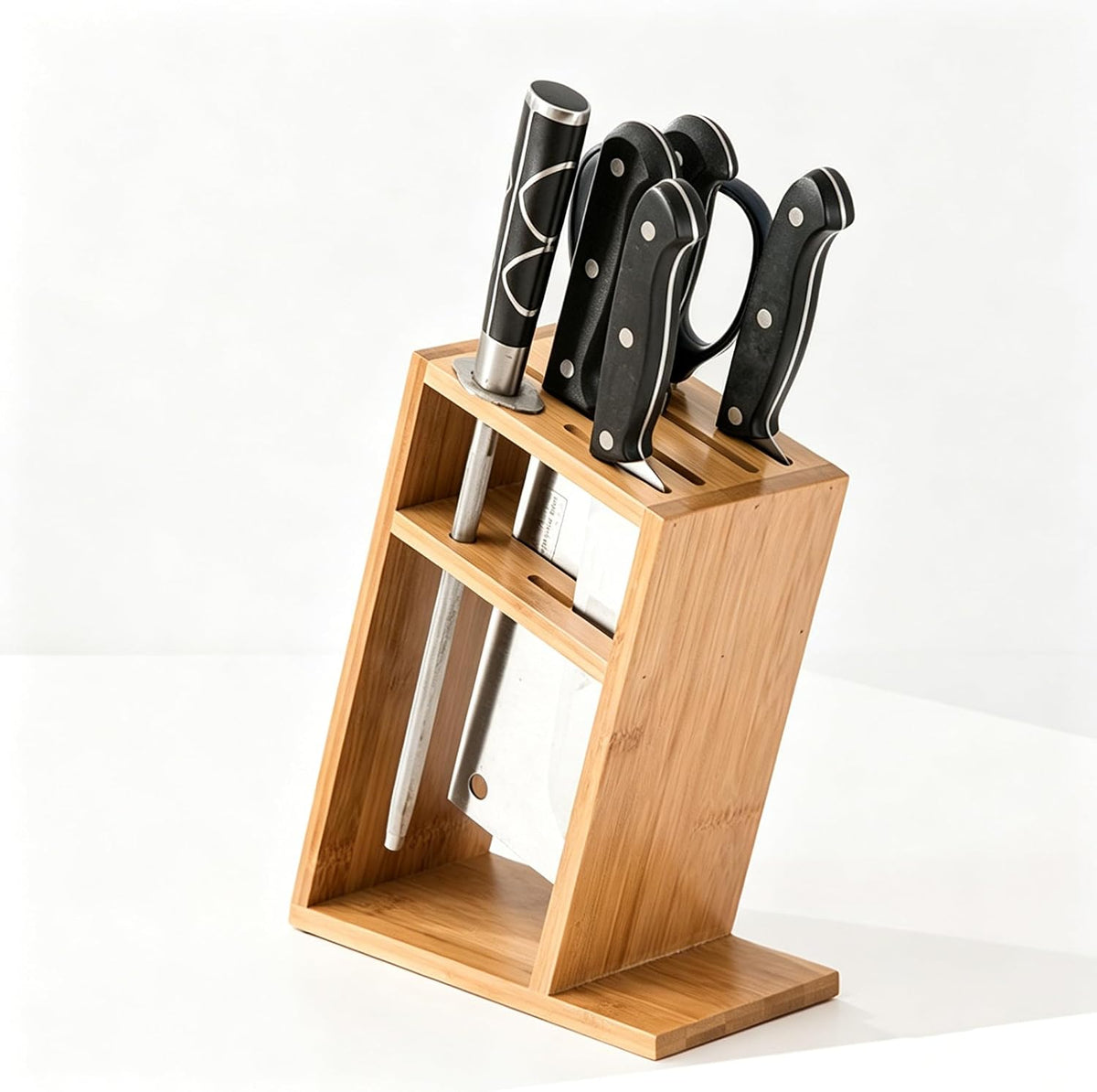 Wood Knife Block, Kitchen Knife Holder Countertop 6 Slots Knife Block with Scissors Slot Kitchen Knife Set for Knife, Scissor, Sharpenner Knife Organizer