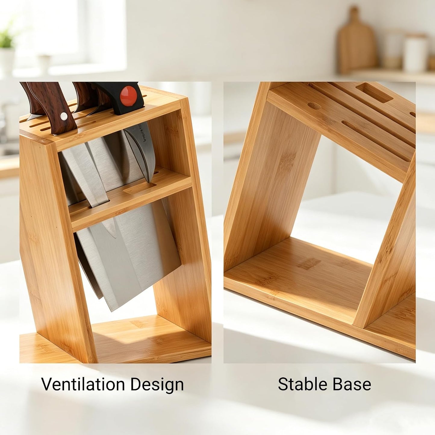 Wood Knife Block, Kitchen Knife Holder Countertop 6 Slots Knife Block with Scissors Slot Kitchen Knife Set for Knife, Scissor, Sharpenner Knife Organizer