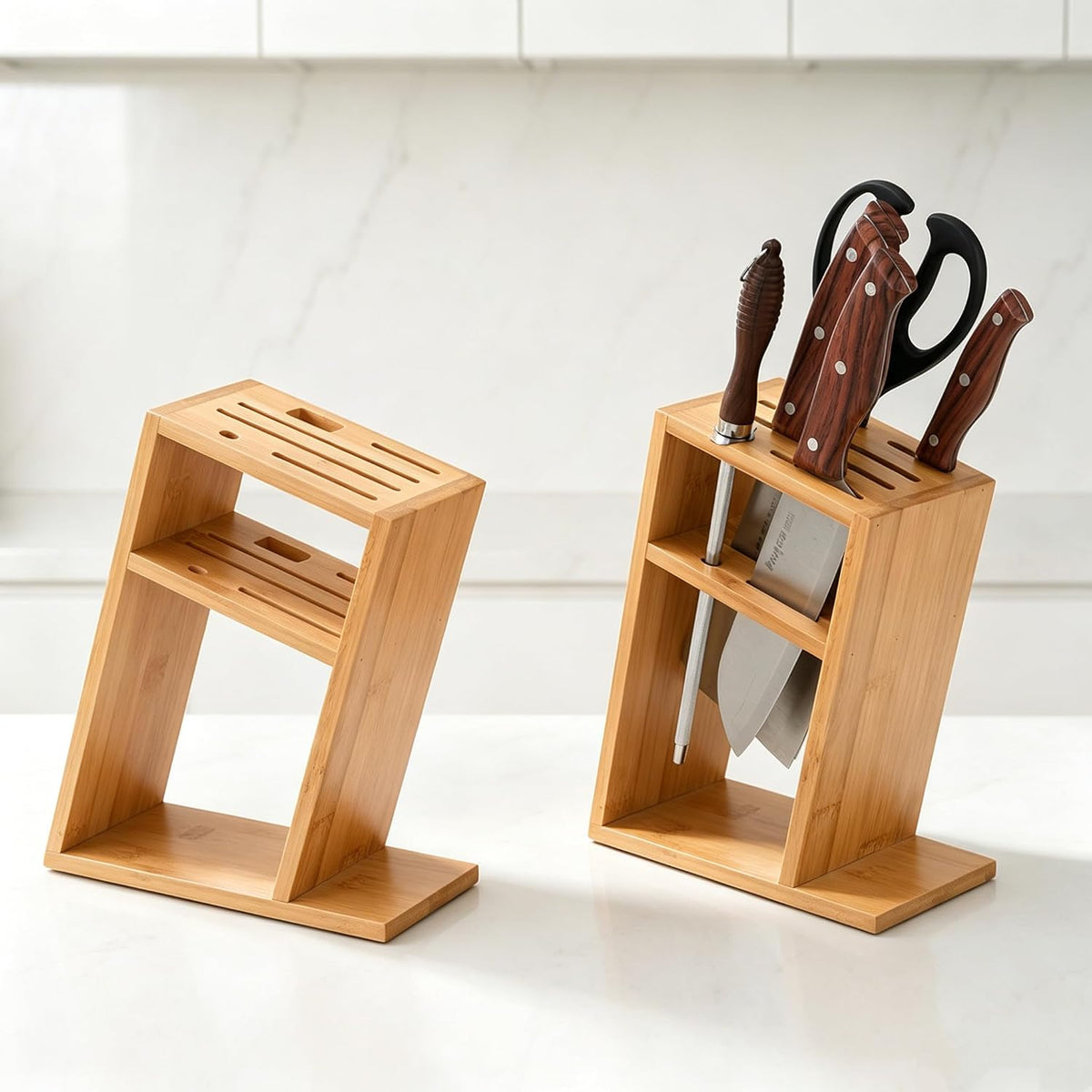 Wood Knife Block, Kitchen Knife Holder Countertop 6 Slots Knife Block with Scissors Slot Kitchen Knife Set for Knife, Scissor, Sharpenner Knife Organizer