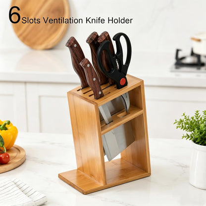 Wood Knife Block, Kitchen Knife Holder Countertop 6 Slots Knife Block with Scissors Slot Kitchen Knife Set for Knife, Scissor, Sharpenner Knife Organizer