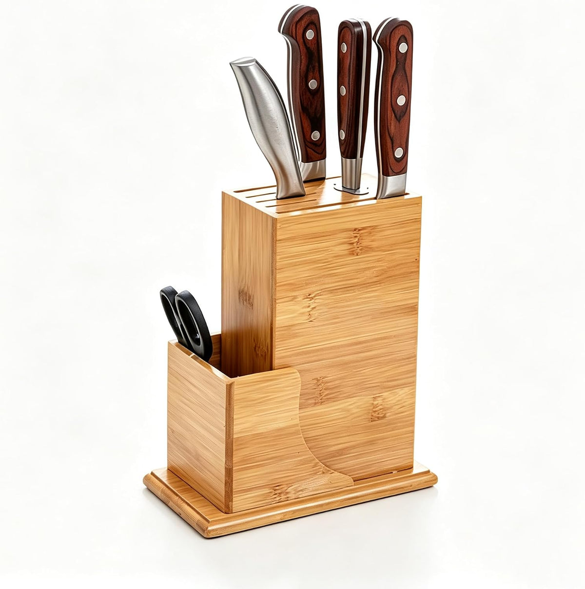 Wood Knife Block, Kitchen Knife Holder Countertop 6 Slots Knife Block with Scissors Slot Kitchen Knife Set for Knife, Scissor, Sharpenner Knife Organizer