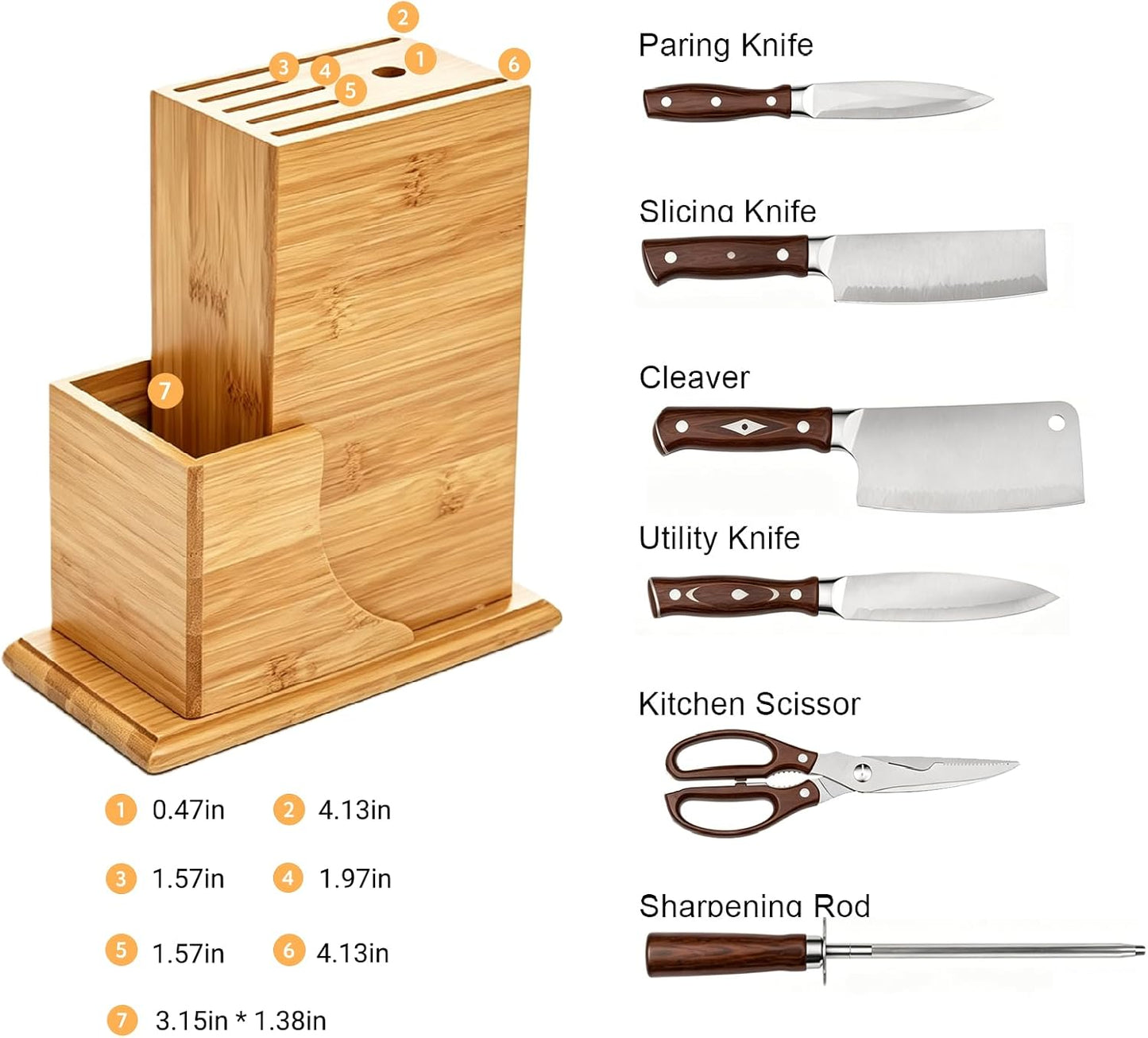 Wood Knife Block, Kitchen Knife Holder Countertop 6 Slots Knife Block with Scissors Slot Kitchen Knife Set for Knife, Scissor, Sharpenner Knife Organizer