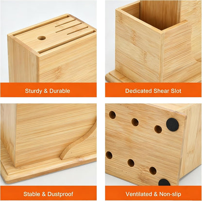 Wood Knife Block, Kitchen Knife Holder Countertop 6 Slots Knife Block with Scissors Slot Kitchen Knife Set for Knife, Scissor, Sharpenner Knife Organizer