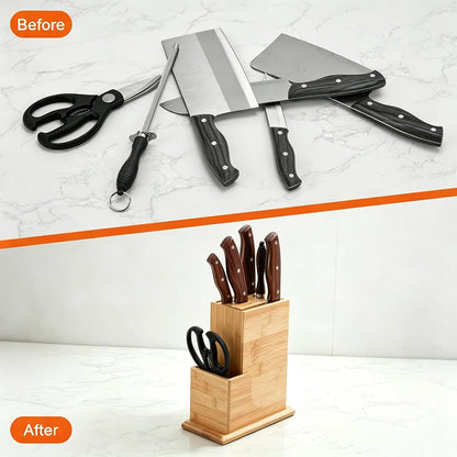 Wood Knife Block, Kitchen Knife Holder Countertop 6 Slots Knife Block with Scissors Slot Kitchen Knife Set for Knife, Scissor, Sharpenner Knife Organizer