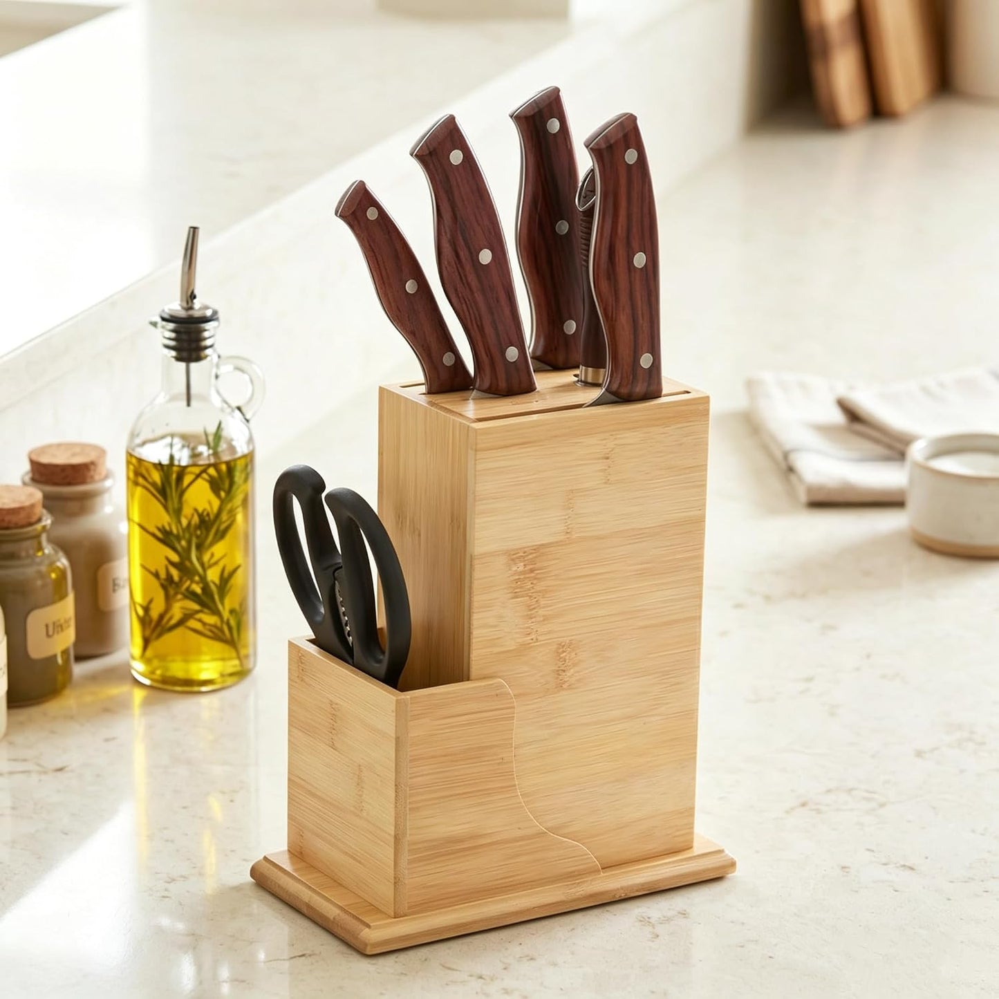 Wood Knife Block, Kitchen Knife Holder Countertop 6 Slots Knife Block with Scissors Slot Kitchen Knife Set for Knife, Scissor, Sharpenner Knife Organizer