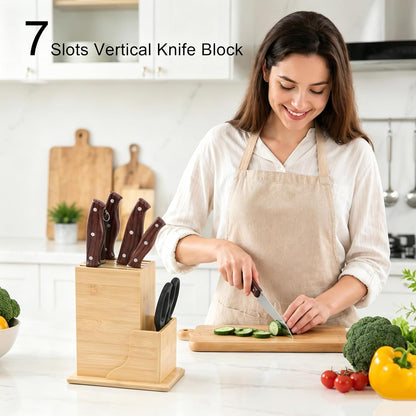Wood Knife Block, Kitchen Knife Holder Countertop 6 Slots Knife Block with Scissors Slot Kitchen Knife Set for Knife, Scissor, Sharpenner Knife Organizer