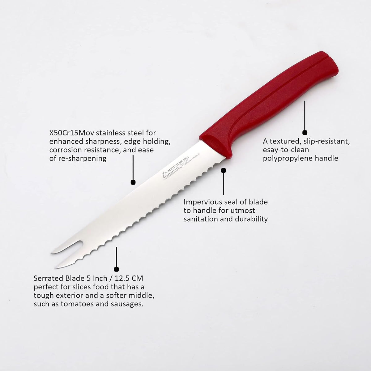 Tomato Knife, MATTSTONE HILL 5 Inch Serrated Kitchen Utility Knife, Red | German X50CrMoV15 Steel