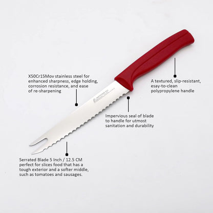 Tomato Knife, MATTSTONE HILL 5 Inch Serrated Kitchen Utility Knife, Red | German X50CrMoV15 Steel