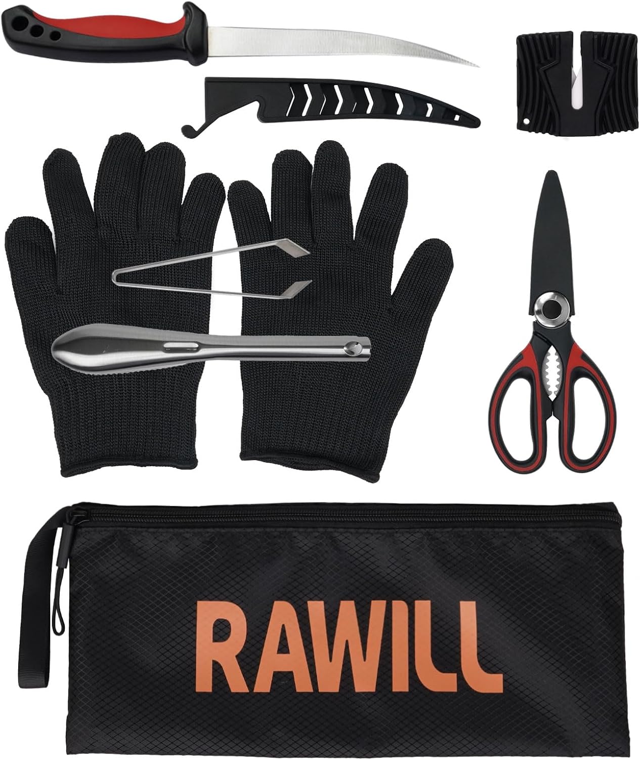 Fish Cleaning Kit 7pcs with Fillet Knife for Fish, Cut-Resistant Gloves, Fishing Scale Brush, Fishbone Twaeezers, Multi-Purpose Scissors, Knife Sharpening Stone with Storage Bag