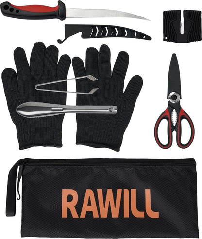 Fish Cleaning Kit 7pcs with Fillet Knife for Fish, Cut-Resistant Gloves, Fishing Scale Brush, Fishbone Twaeezers, Multi-Purpose Scissors, Knife Sharpening Stone with Storage Bag