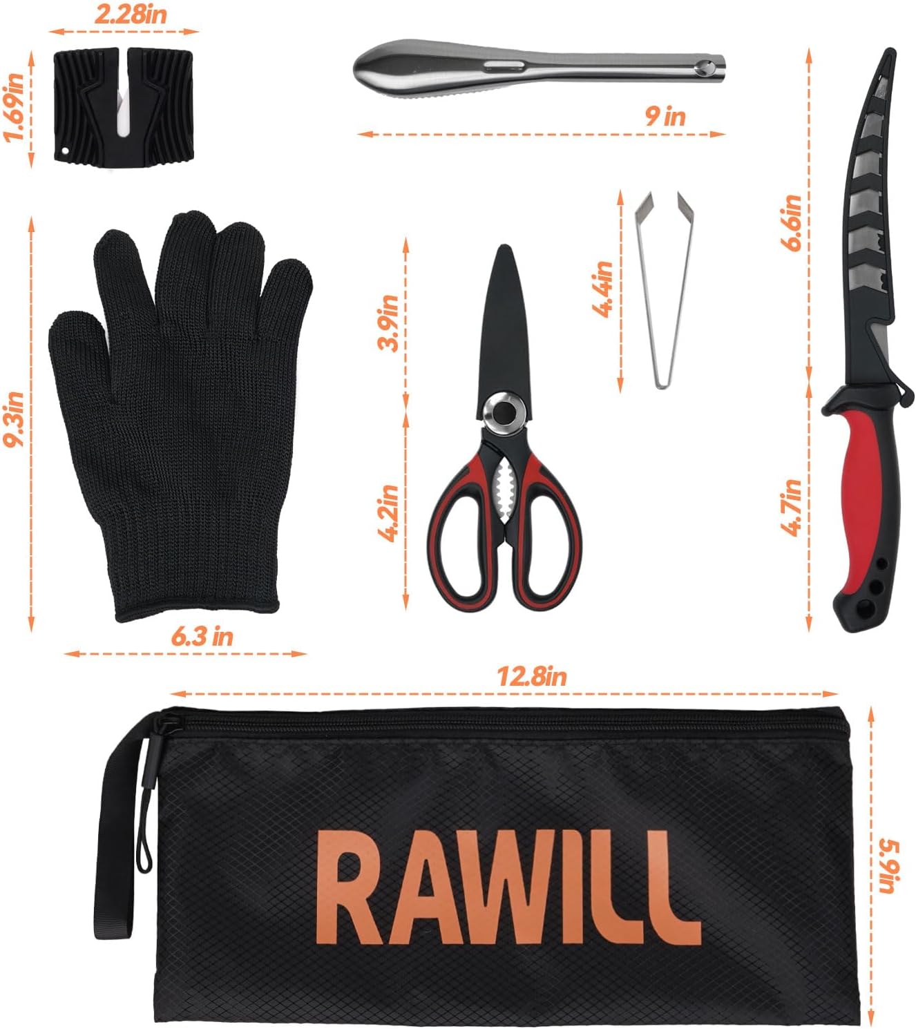 Fish Cleaning Kit 7pcs with Fillet Knife for Fish, Cut-Resistant Gloves, Fishing Scale Brush, Fishbone Twaeezers, Multi-Purpose Scissors, Knife Sharpening Stone with Storage Bag