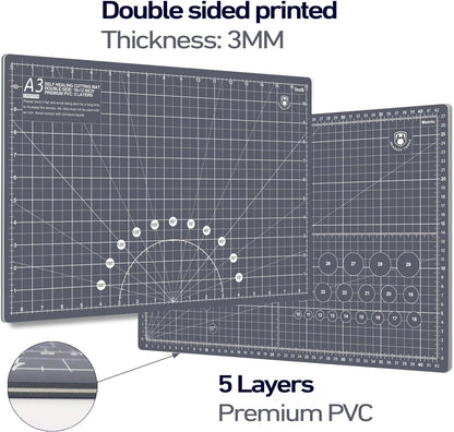 18"x12" Thickened Self Healing Cutting Mat, A3 Rotary Cutting Sewing Mat for Crafts, Double Sided 5-Ply Table Cutting Board for Fabric Quilting Art Hobby Project, Pink/Purple