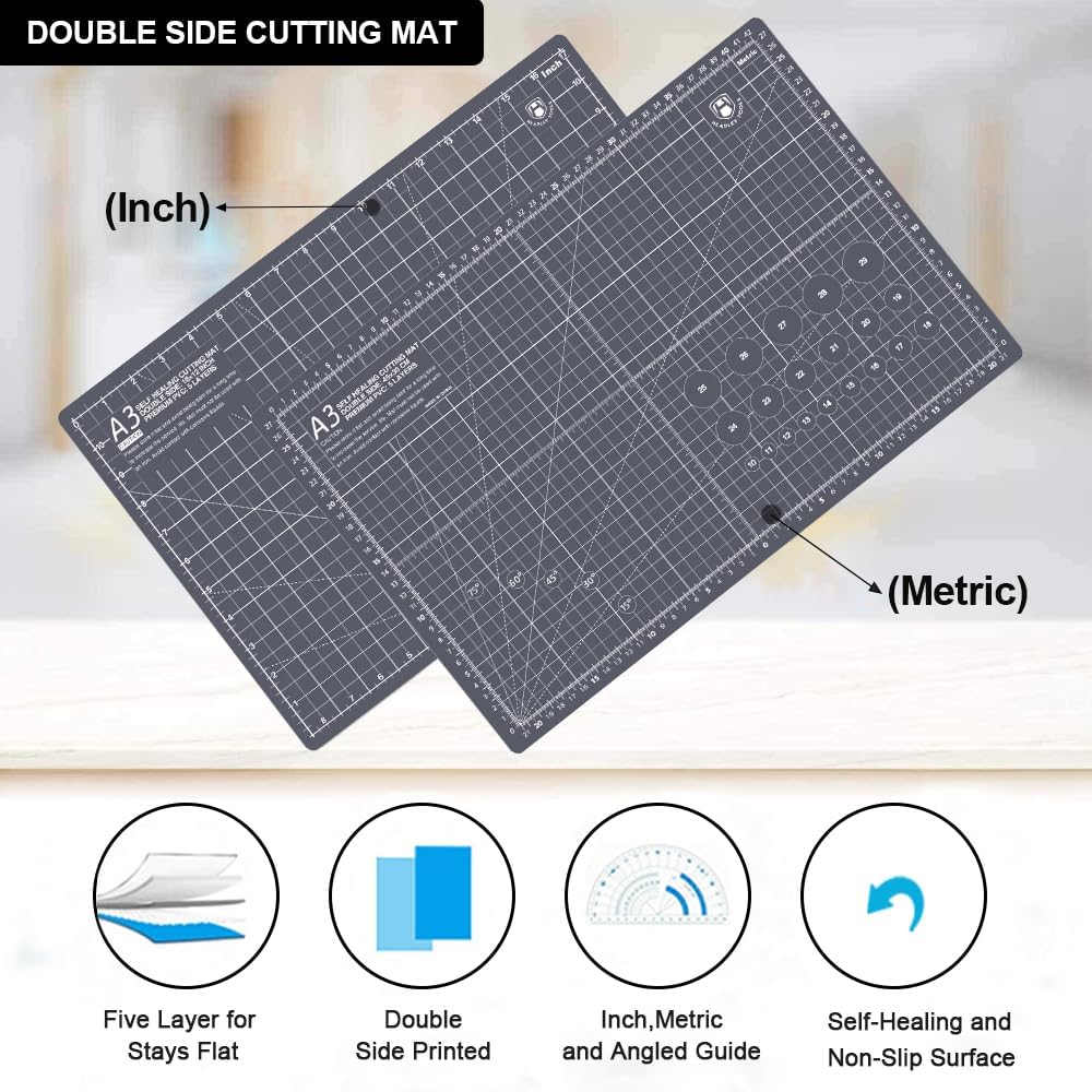 18"x12" Thickened Self Healing Cutting Mat, A3 Rotary Cutting Sewing Mat for Crafts, Double Sided 5-Ply Table Cutting Board for Fabric Quilting Art Hobby Project, Pink/Purple