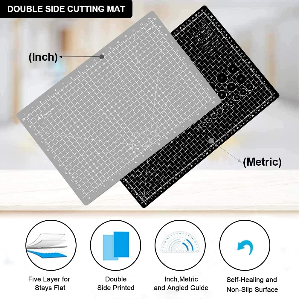18"x12" Thickened Self Healing Cutting Mat, A3 Rotary Cutting Sewing Mat for Crafts, Double Sided 5-Ply Table Cutting Board for Fabric Quilting Art Hobby Project, Pink/Purple
