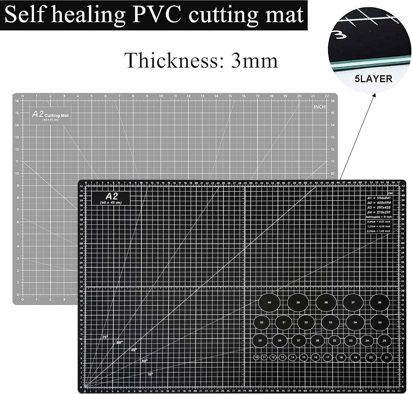 18"x12" Thickened Self Healing Cutting Mat, A3 Rotary Cutting Sewing Mat for Crafts, Double Sided 5-Ply Table Cutting Board for Fabric Quilting Art Hobby Project, Pink/Purple