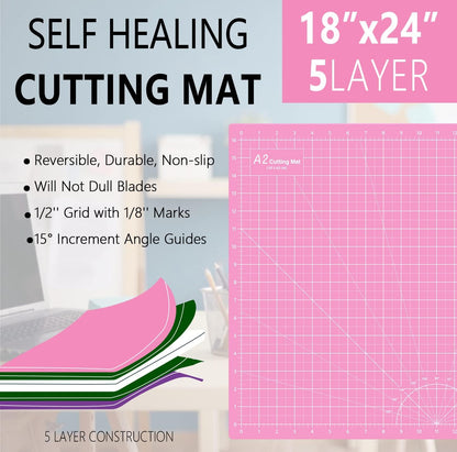 18"x12" Thickened Self Healing Cutting Mat, A3 Rotary Cutting Sewing Mat for Crafts, Double Sided 5-Ply Table Cutting Board for Fabric Quilting Art Hobby Project, Pink/Purple