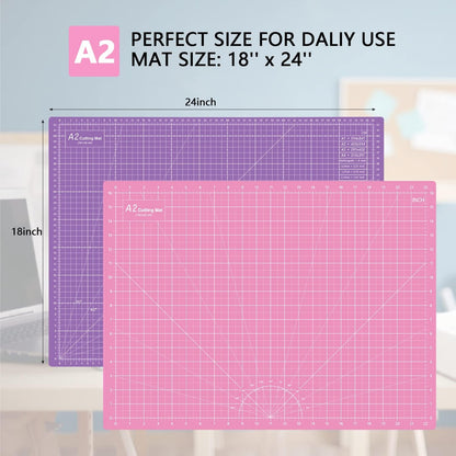 18"x12" Thickened Self Healing Cutting Mat, A3 Rotary Cutting Sewing Mat for Crafts, Double Sided 5-Ply Table Cutting Board for Fabric Quilting Art Hobby Project, Pink/Purple