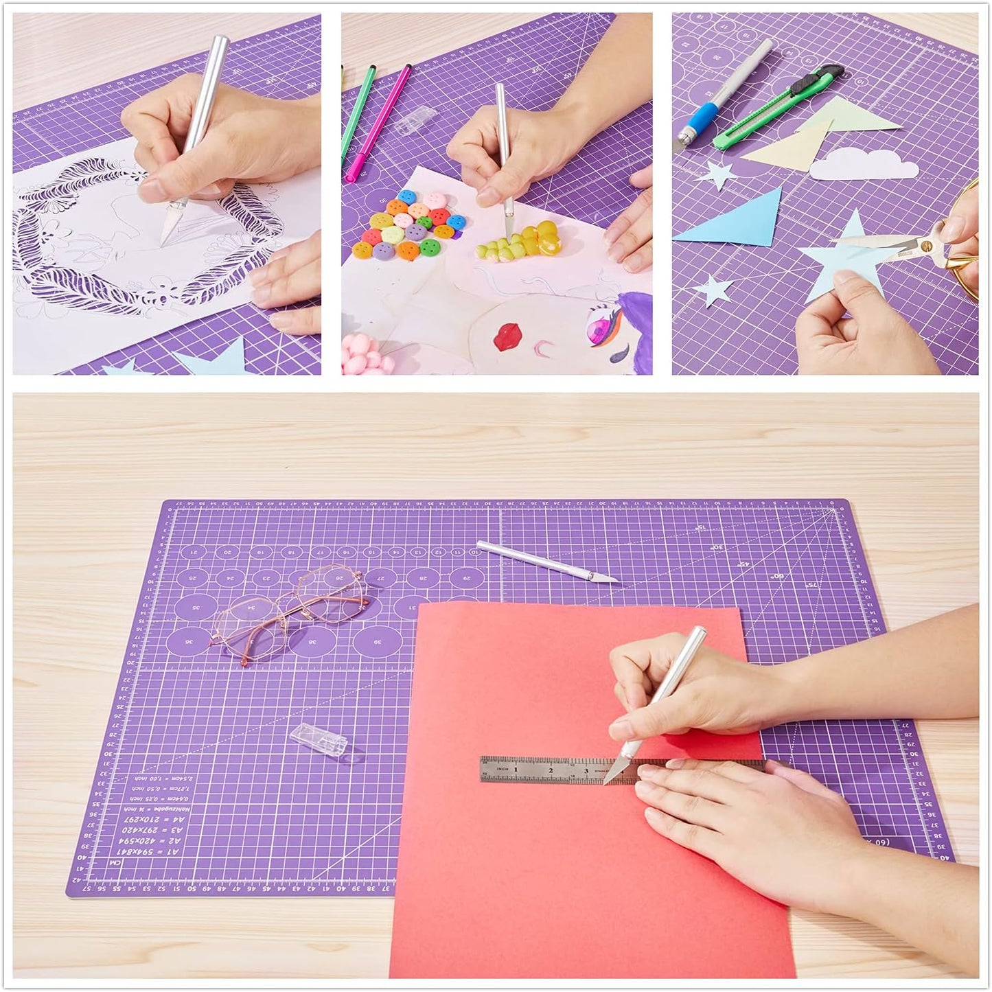 18"x12" Thickened Self Healing Cutting Mat, A3 Rotary Cutting Sewing Mat for Crafts, Double Sided 5-Ply Table Cutting Board for Fabric Quilting Art Hobby Project, Pink/Purple