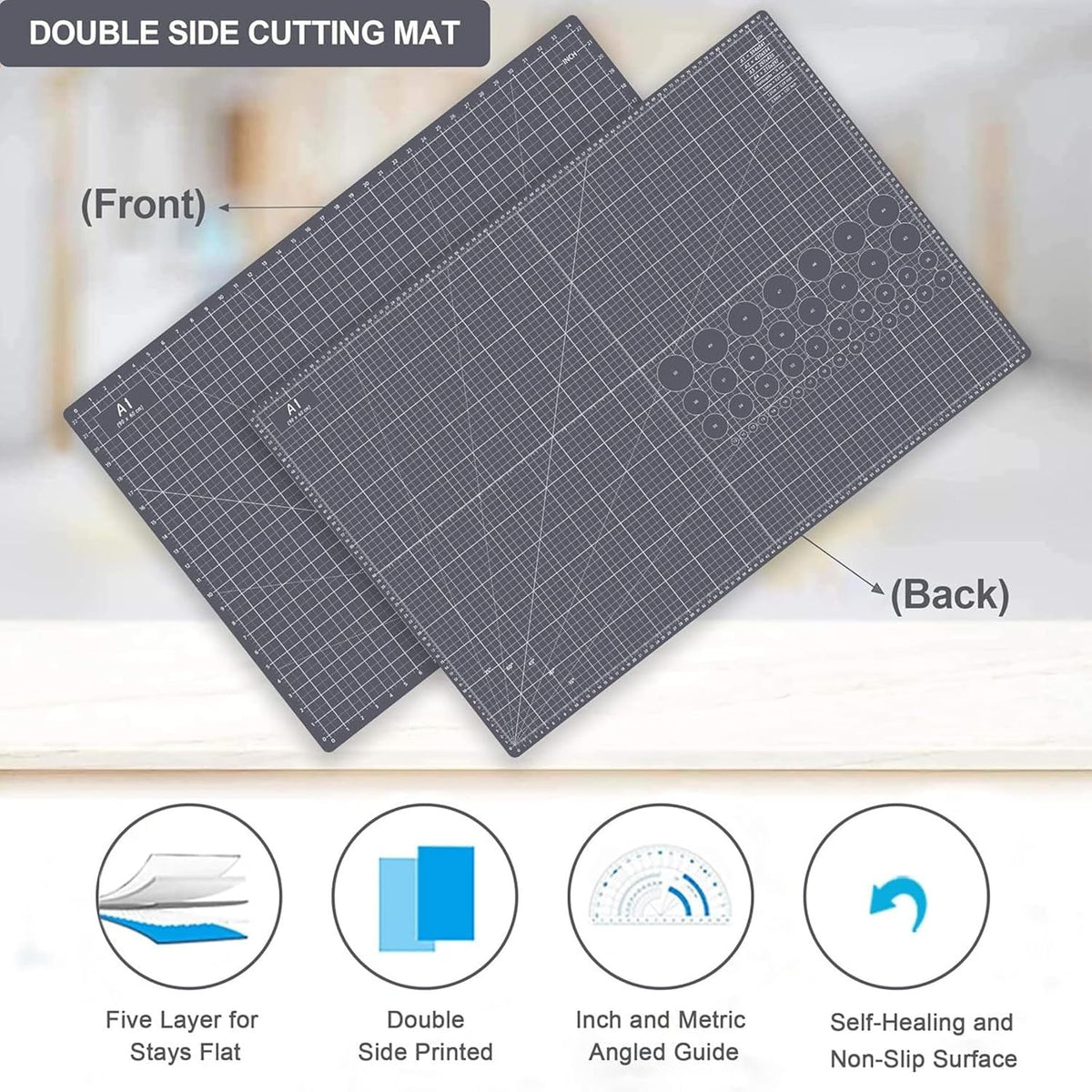 18"x12" Thickened Self Healing Cutting Mat, A3 Rotary Cutting Sewing Mat for Crafts, Double Sided 5-Ply Table Cutting Board for Fabric Quilting Art Hobby Project, Pink/Purple