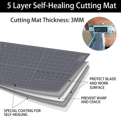 18"x12" Thickened Self Healing Cutting Mat, A3 Rotary Cutting Sewing Mat for Crafts, Double Sided 5-Ply Table Cutting Board for Fabric Quilting Art Hobby Project, Pink/Purple